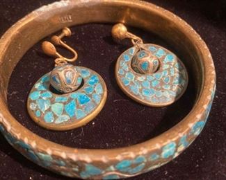 233 Vintage Mosaic Turquoise Chip Bracelet  Earrings