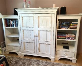 Ethan Allen storage/media cabinet - 47”W x 58”H x 23”D and 2 bookcase units each measuring 24”W x 51”H x 19”D 