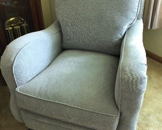 Toms Price blue upholstered armchair with matching ottoman - 30”W x 39”H x 39”D 