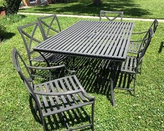 Restoration Hardware patio table, 6 chairs and umbrella stand - 42” x 72” 