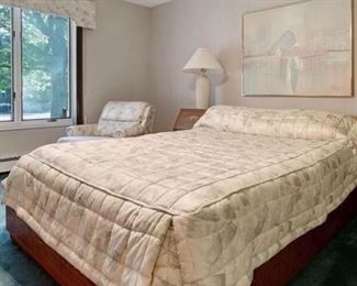 Vintage Drexel Heritage, solid oak queen storage bed. From Accolade Collection, Campaign Style.  Includes storage headboard,, two storage nightstands with interior lights and bed frame. 