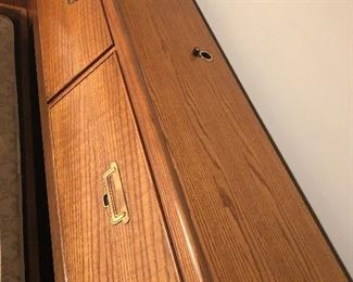 Drexel Heritage, Queen storage headboard, solid oak, with recessed brass pulls.