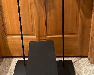 Bose Accoustimass 5 Series II Reflecting System With the two small speakers measuring 6.5 tall x 3 wide and the subwoofer measuring 14 tall x 7.5 wide x 19 deep. The small speakers have metal stands.