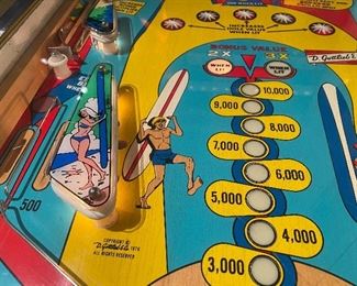 D. Gottlieb Co Surf Champ Pinball Machine with manual and key. Manufactured in 1976.

Fun bright colored graphics, great sound and hours of entertainment! 