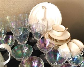 Pearl china dessert set and iridescent glassware