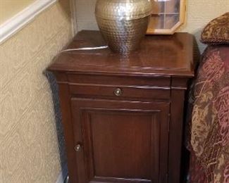 Vintage nightstands with door and drawer, two available  Lamps have modern Burlap shades