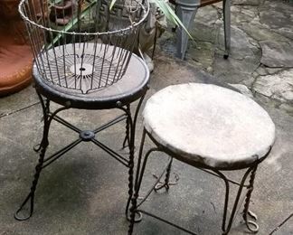 Vintage metal stools and basket, wash tub not for sale