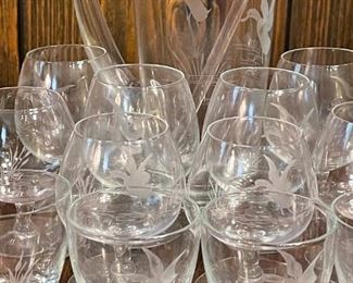 Large Set Etched / Frosted Duck Glasses with Pitcher