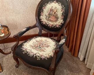 Hand Carved Parlor Arm Chair with Needlepoint Back and Cushion