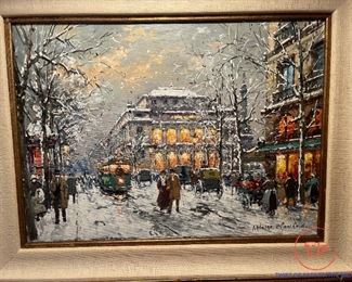 ANTOINE BLANCHARD (France, 1910 - 1988) - Oil Painting on Canvas - Paris Street Scene WINTER - 21 1/2" Tall x 26" Wide