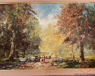 Impressionist Picnic Scene - Large Oil Painting on Canvas - Signed
