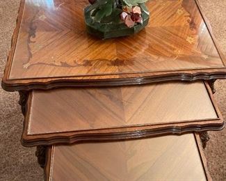 Hand Carved Nesting Table with Wood Inlay