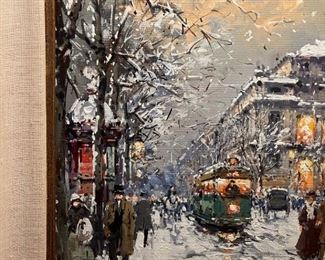ANTOINE BLANCHARD (France, 1910 - 1988) - Oil Painting on Canvas - Paris Street Scene WINTER - 21 1/2" Tall x 26" Wide