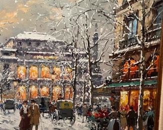 ANTOINE BLANCHARD (France, 1910 - 1988) - Oil Painting on Canvas - Paris Street Scene WINTER - 21 1/2" Tall x 26" Wide