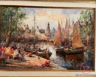  Impressionist Harbor Scene with Sailboats - Large Oil Painting on Canvas - Signed