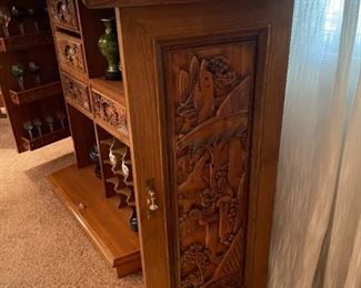 Hand Carved Teak Dry Bar with Marble Topped Inlay