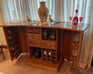 Hand Carved Teak Dry Bar with Marble Topped Inlay
