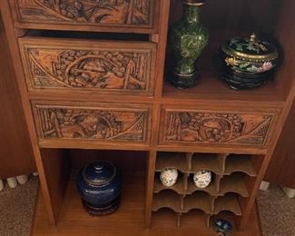Hand Carved Teak Dry Bar with Marble Topped Inlay