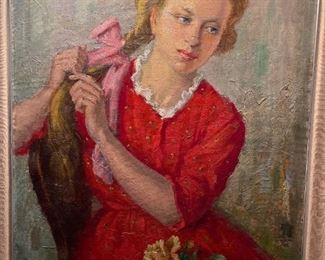 LAJOS REZES MOLNAR (Hungary, 1896 – 1989) - Oil Painting on Canvas - Girl Braiding Her Hair
