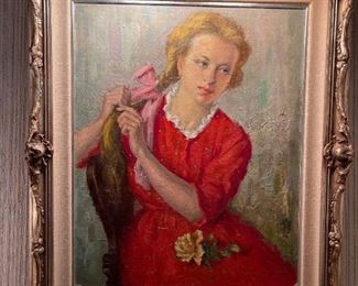 LAJOS REZES MOLNAR (Hungary, 1896 – 1989) - Oil Painting on Canvas - Girl Braiding Her Hair