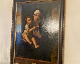 AUTHORIZED COPY OF ORIGINAL 1880 MASTERPIECE BY GIOVANI BELLINI 'MADONNA & CHILD WITH POMEGRANATES' DISPLAYED IN NATIONAL MUSEUM GALLERY OF LONDON. COPY WAS PURCHASED IN CALIFORNIA IN 1990 FOR $3000,  BUTTERFIELD'S ART AUCTION IN SAN FRANCISCO. "UNKNOWN NAME OF ARTIST WHO COPIED THE MASTERPIECE''.  