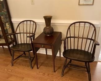 Vintage Drop Leaf Accent Table with drawer, shown with two antique Barrel Back Arm Chairs