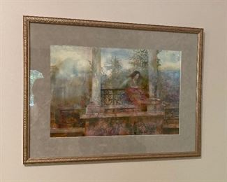 Mixed media framed art, untitled girl leaning on rail,  signed by John Massimino