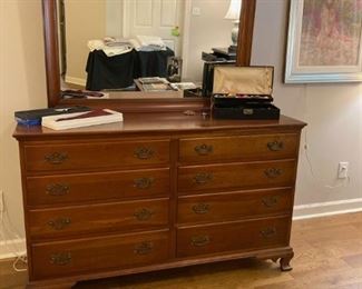 BEDROOM DRESSER WITH MATCHING BEDSIDE CHEST IN MASTER SUITE PLUS A MED SIZE MATCHING CHEST IN BASEMENT