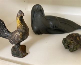 SOAP STONE SEAL, HEAVY IRON ROOSTER AND TURTLE FIGURINES