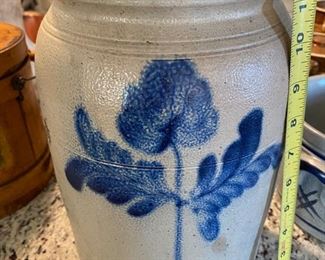 Crock with blue printed flowers 