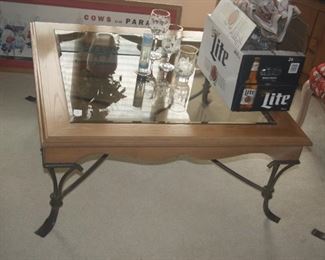 WROUGHT IRON / WOOD + GLASS COFFEE TABLE