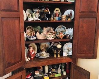 Nice vintage corner cupboard, German game bird plates, Indian pottery, bookends and more