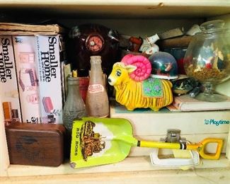 Better Homes and Garden "Smaller Home" doll furniture, Ohio Art Big Boss metal shovel, 1960's Aries bank, vintage bottles and more