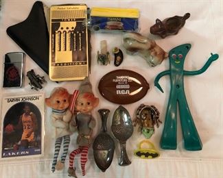 Nice Vintage Collection!  Republican National Committee lighter, 'Tower' pocket calculator, 'Spam' toy car, small china animal figures, RCA change holder, Pixie elf dolls, baseball card, silver acorn spoons/dippers...
