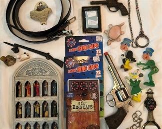 Vintage! Alligator belts, Jesus and his apostles, pin cushion turtle, Toy guns, zippo cigarette lighter, Small glass bird figures...