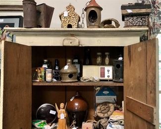 Bee Smoker, Assortment of pottery bird house, wood carved Angel, vintage radio and so much more.