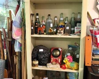 Full Cabinet! Vintage: Coca-Cola bottles, medicine bottles, cigarette cans, 'Skedoodle', vintage cans/bottles, alarm clock...
