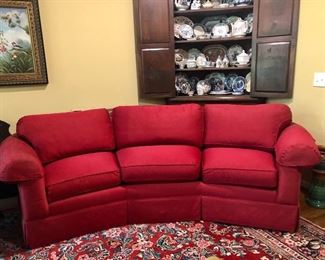 Nice red curved sofa, large 9 x 12 oriental rug