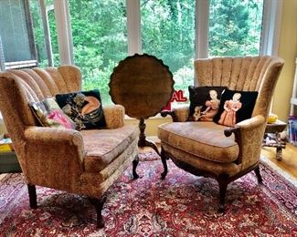 Nice vintage chairs, tilt top table, needlepoint pillows, beautiful rug