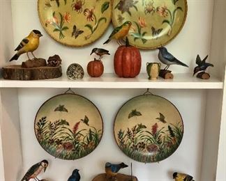 Wood carved birds, paperweights, painted plates