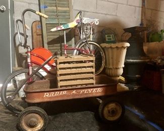 Bananas seat bike, Radio Flyer wagon, wood egg crate, urns, old shutters and more!