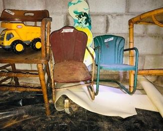 Barrel, oak chair, Tonka truck, two children's metal chairs, bamboo table