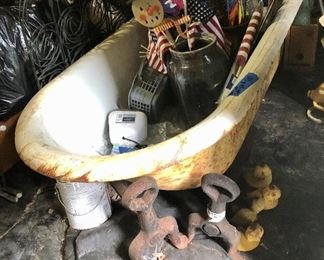Cast iron tub, fire dogs, churn, flags and more