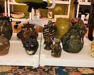  another big  box of  Southern pottery,  Charlie West, Brain Wilson, John  Meaders( 2 headed rooster) Wilford Dean (Meaders Home Place), Walter Fleming  (Swirl face), Lin Craven, Kim Black (Santa), Flossie Meaders and more!