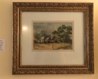 Untitled cottage scene done in watercolor by Guy Lipscomb (1917-2009).  Signed lower left, nicely framed, double matted. Likely his home state of South Carolina.