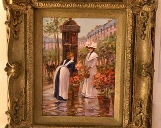 COIN DES FLEURS Original work by E.G. Cygne. (1929- )  Hand titled and numbered reverse of frame. Oil on canvas Framed size 16” x 20”. Signed lower left.