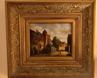 Original untitled work. European Cobblestone Street Scene. Oil on board. 