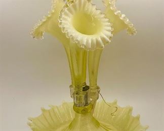 Vaseline 4 Lily Glass Epergne. Fenton, L. G Wright. Glows under blacklight. 16 1/2” x 12”