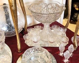 Marvelous old pressed glass punch bowl set with 12 cups. 14” wide, 13 1/2” tall. Most likely very early 1900s