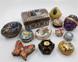 A lovely collection of Staffordshire, Halcyon Days, and cloisonné trinket boxes.
